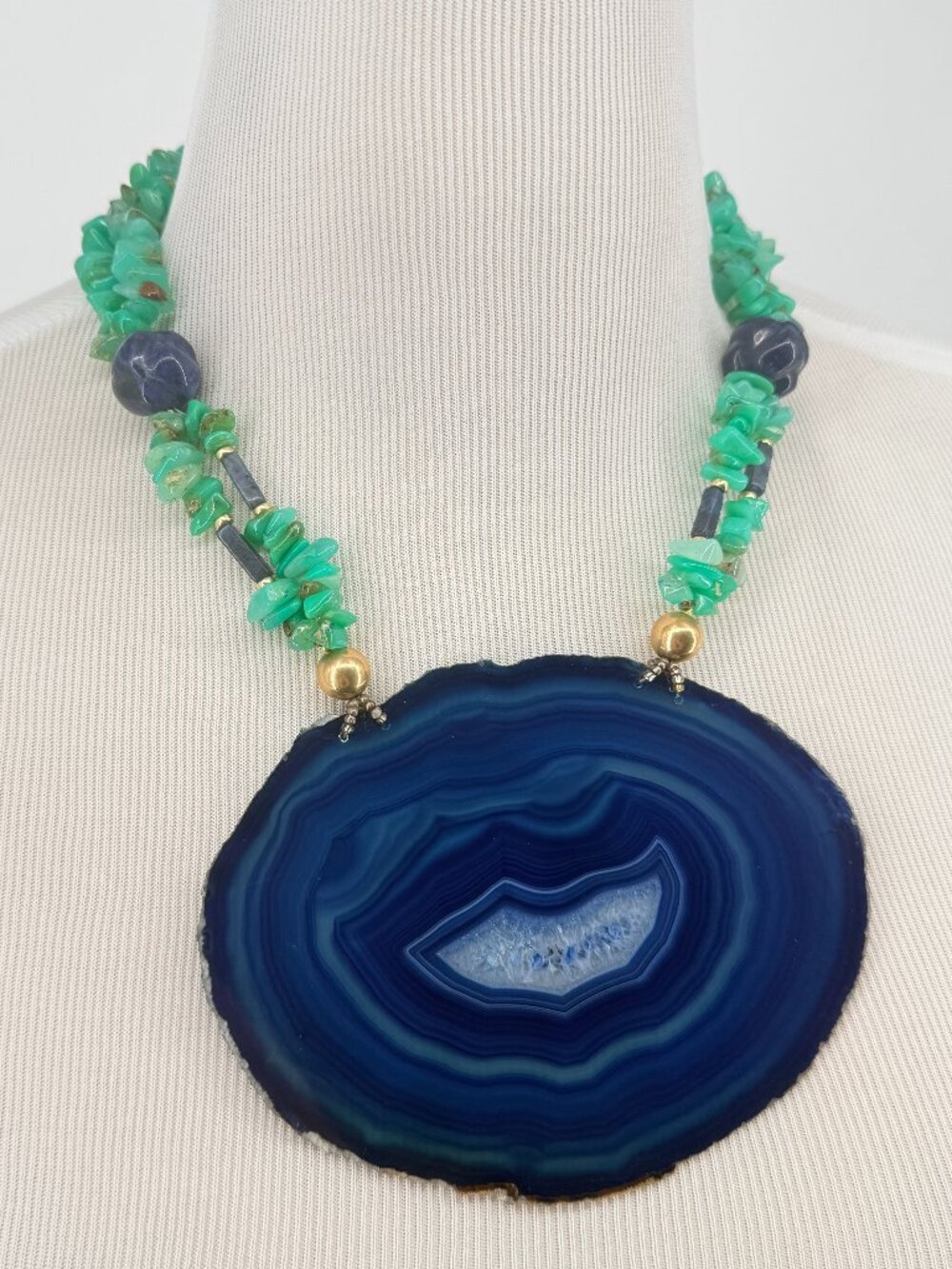 Vintage 70s Huge Blue Agate Geode Slice Pendant Statement Necklace Boho